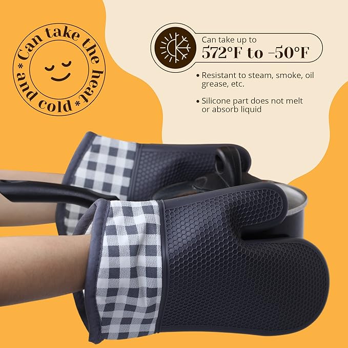Amruta Pair of Silicone Shell Oven Mitts, 2 Pieces Heavy Duty Baking Kitchen Mitts for BBQ Microwave Stove, Heat-Resistant up to 500F, Oven Glove with Silicone Textured Grip (11 x 7 in, Grey)