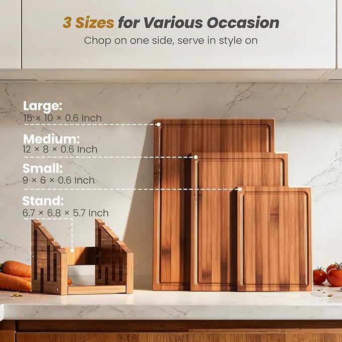 Bamboo Cutting Board Set of 3, Durable Wooden Chopping Boards with Distinctive Stand & Juice Grooves, Ideal for Meat, Vegetables, Fruit, Charcuterie Prep & Serving, Kitchen Essentials, Gifts for Mom