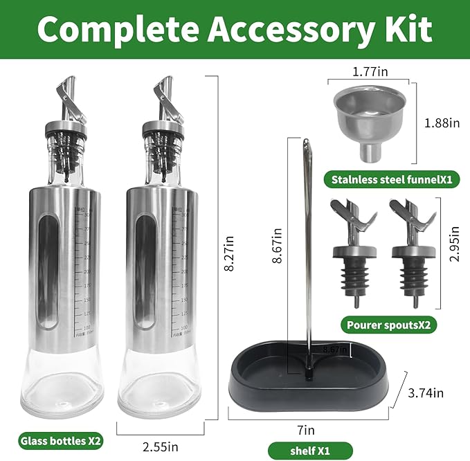 10oz/300 ml Olive Oil Dispenser Bottle, 2 Pack Glass Oil and Vinegar Dispenser Set with Tray, Vinegar and Sauce Bottle Wrapped in Stainless Steel Shell with Pourer and Funnel for Kitchen Cooking