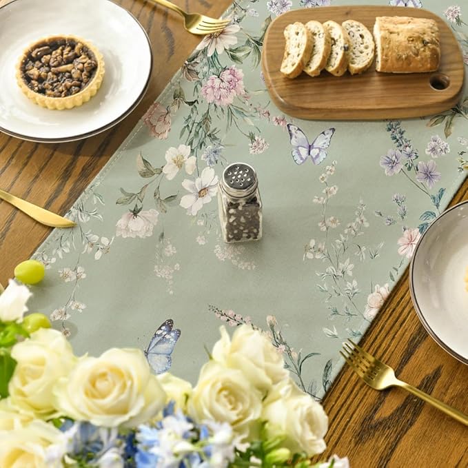 Artoid Mode Green Floral Wildflower Leaf 210 GSM Spring Table Runner, Seasonal Summer Kitchen Dining Table Decoration for Home Party Decor 13x72 Inch