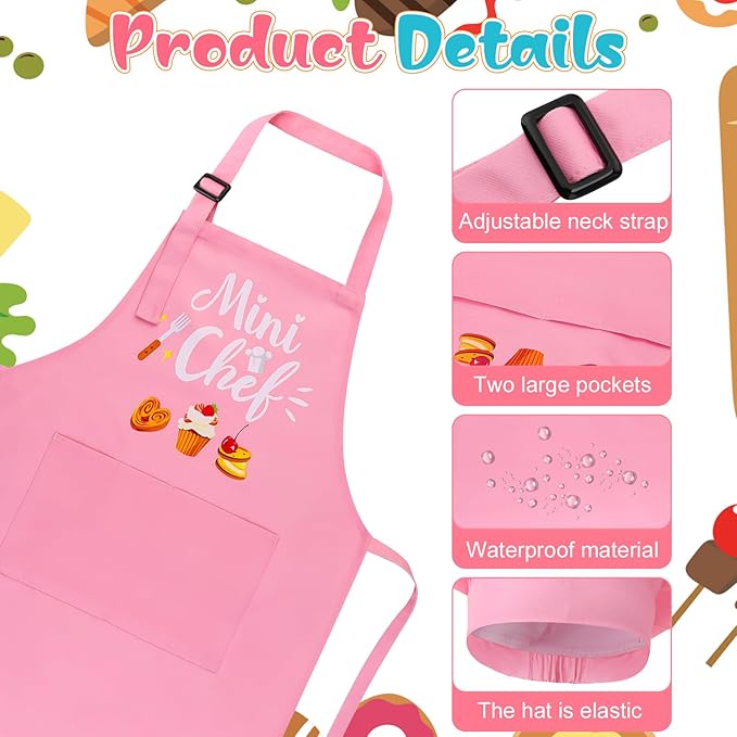 Kids Apron and Chef Hat Set, “Mini Chef” Funny Apron Adjustable Kitchen Apron for Boys and Girls