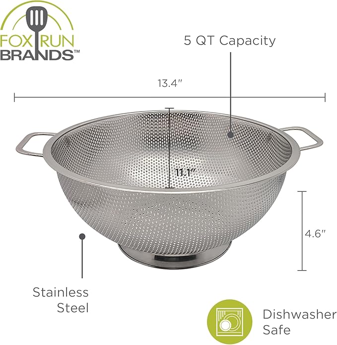 Fox Run Large Stainless Steel Colander, 5 Quart Pasta Strainer With Handles, 11” x 13.5” x 5”