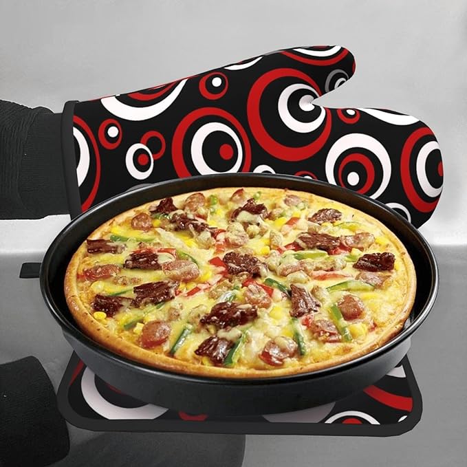 Retro Red Circles Oven Mitt and Pot Holder Set (3-Piece) - Heat Resistant Non-Slip Modern Geometric Gloves Gift for Chef Cooking Baking Grilling BBQ Lovers, Stylish Kitchen Decor, Red White Black Grey