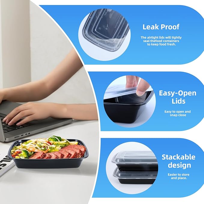 50 Pack (100-Piece) 28oz Meal Prep Containers, 50 Pack (100-Piece) Rectangle,BPA-Free, Food Safe & Leakproof Reusable Plastic Food Storage – Microwave Safe, Stackable Takeout Boxes