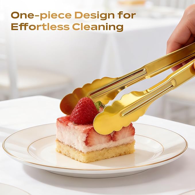 4 Pack Stainless Steel Serving Tongs, 9 Inch Gold Salad Tongs Serving Utensils Buffet Tongs Gold Plated Heavy Duty Reusable Metal Kitchen Clips for Salad, Snack, Barbecue, Catering, Wedding, Party