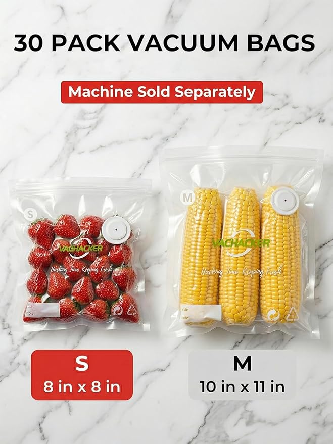 30 Pack Reusable Vacuum Sealer Bags with Valve, 8"x8" BPA Free Replacement Bags for Handheld Sealer, Perfect Starter Kit Refill, Dishwasher & Freezer Safe