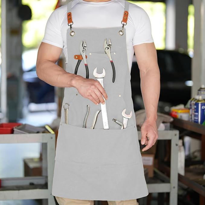 Aoomzoon Canvas Aprons for Men Chef Apron, Work Apron with Large Pockets - 16oz Heavy Duty Cross Back, BBQ, Cooking