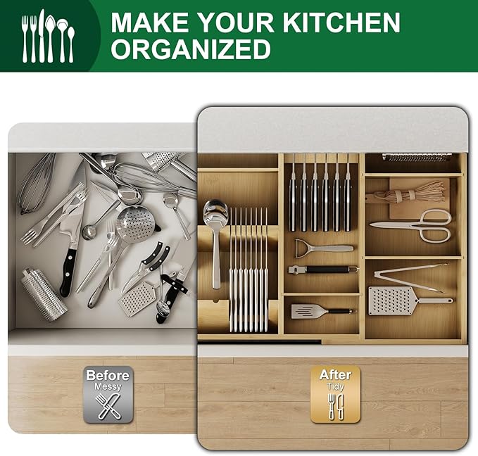 Bamboo Silverware Drawer Organizer, 17.7-29.5 Inch Expandable Large Kitchen Drawer Organizer, 5-8 Slot Flatware with Removable Card Slots & Knife Block for Spoon Butter Knive, Natural