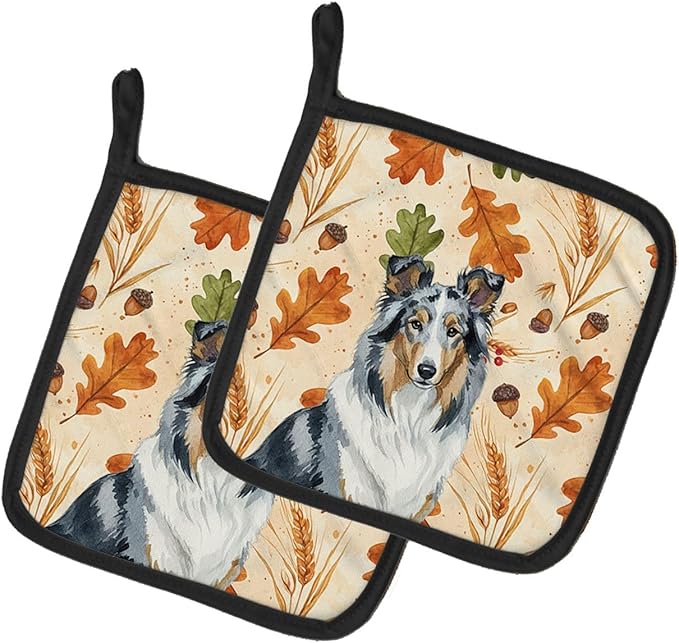 Caroline's Treasures Blue Merle Collie Heirloom Fall Pair of Pot Holders Pair 7.5x7.5 Quilted Insulated Hot Pads Decorative Kitchen Gift Made in USA