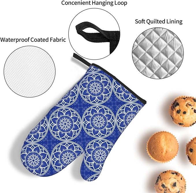 Chinoiserie Blue and White Floral Oven Mitts and Pot Holders Sets of 3, Heat Resistant Non-Slip Boho Kitchen Gloves for Baking Cooking Grilling, Navy Blue Hot Pads for Kitchen Decor, Gifts for Women