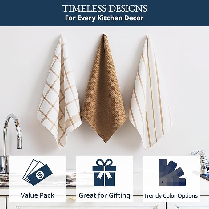 LANE LINEN Cotton Kitchen Towels and Dish Cloths Set, 6-Pack – Absorbent, Quick-Drying Dish Towel, 18" x 28", Soft, Premium Hand and Tea Towels - Beige