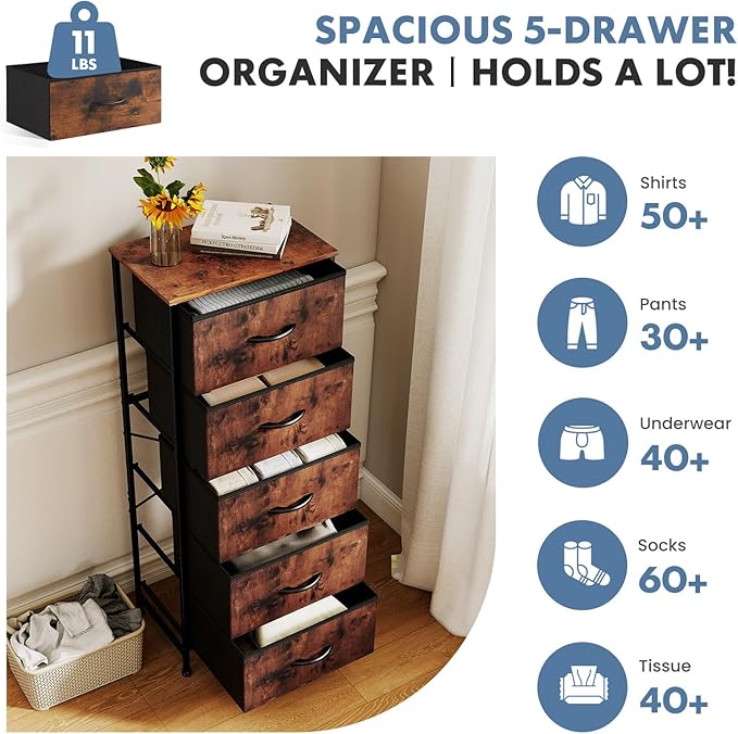 DUMOS Nightstand with 5 Drawers Bedside Table with Removable Fabric Bins Sturdy Steel Frame Wood Top Organizer Furniture for Bedroom Nursery Closet Living Room, Brown