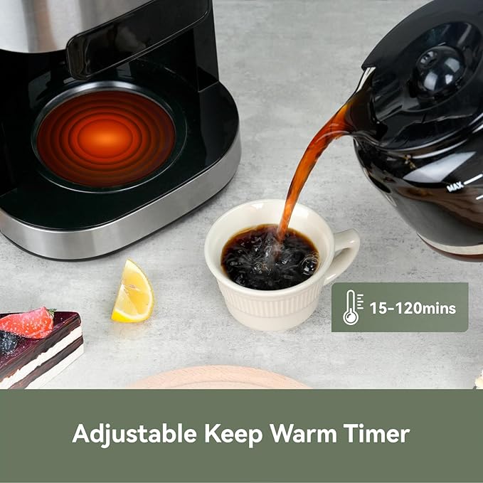 Gevi 10-Cup Drip Coffee Maker with Burr Grinder | Programmable Timer, 1.5L Water Tank, Reusable Filter, Warming Plate, All-in-One Brew & Grind Coffee Machine