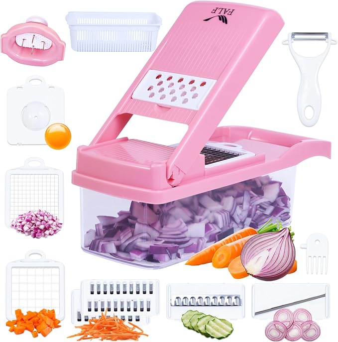 16-in-1 Vegetable Chopper & Mandoline Slicer with Container, Multifunctional Food Chopper, Onion Dicer & Grater for Potato, Carrot, Garlic and Salad, Kitchen Gadgets & Essentials (Pink)