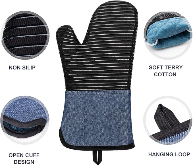 Yutat Oven Mitts, Pot Holders Set of 4 Made with Pure Cotton and Food Grade Non-Slip Silicone - 500 F Heat Resistant Oven Mitts and Pot Holders Sets for Kitchen Cooking (4pcs Set, Black and Denim)