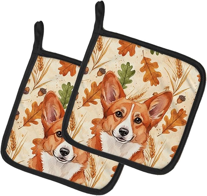 Caroline's Treasures Red Cardigan Welsh Corgi Heirloom Fall Pair of Pot Holders Pair 7.5x7.5 Quilted Insulated Hot Pads Decorative Kitchen Gift Made in USA