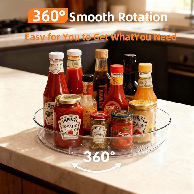 4 Pack Lazy Susan 10 inch Turntable for Spice Organization | Clear BPA-Free Plastic Rotating Organizer for Kitchen Cabinet, Pantry, Countertop, Fridge | 360-Degree Rotating Base
