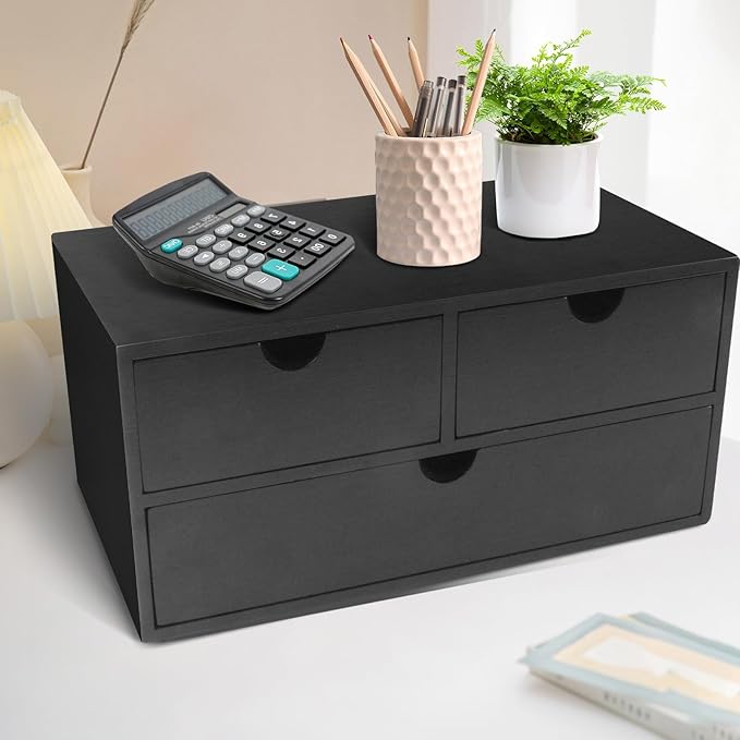 Charmewooden Bamboo Desk Organizer with 3 Drawers, Countertop Organizer with Drawers Makeup Storage Drawer 3 Drawer Tabletop Storage Organization Box Home Office Workspace（Black）