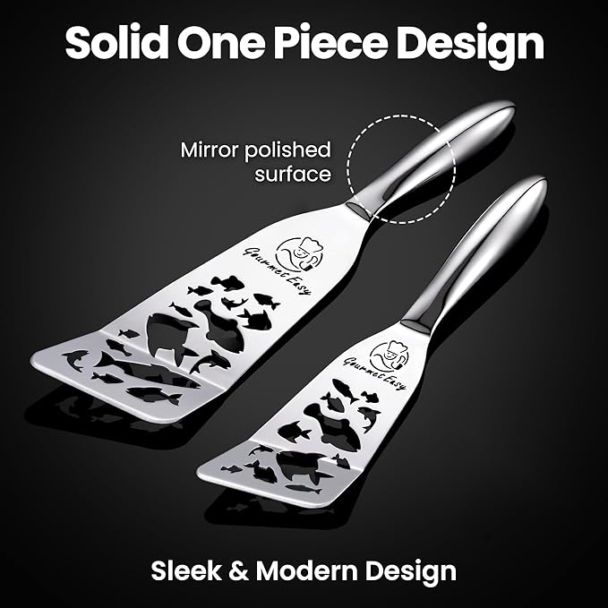Stainless Steel Fish Spatula Set – Funky Fish Edition, 1 Large Fish Turner + 1 Small Metal Spatula, Ultra Thin Edge for Easy Turning & Flipping, Ergonomic Non-Slip Handle, Dishwasher Safe