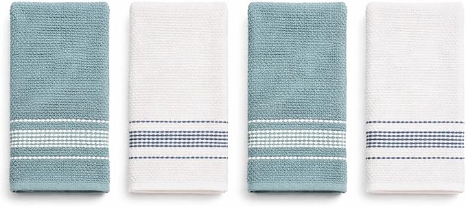 MosJos Kitchen Towels, Blue and White Stitched Design Hand Towels, Cotton Soft Large 18 x 28 Dobby Weave Super Absorbent Tea Towels Drying Cloth Kitchen Linens