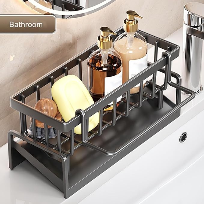 Sponge Kitchen Sink Caddy Organizer Brush Sink Sponge With Auto Draining Tray, Self Drain Dish Soap Caddy, 9.05" Lx4.33 Wx3.93 H (gray)