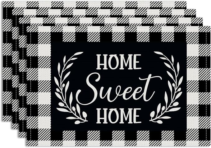 Black and White Linen Placemats Set of 4, Cloth Farmhouse Buffalo Plaid Linen Home Sweet Home Place Mats - Washable Heat Resistant Fabric Table Mats for Kitchen Dining Table 18 X 12 Inch, Plaid