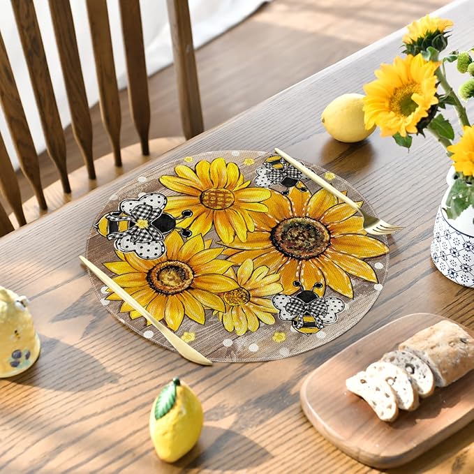 Artoid Mode Wood Sunflower Bee Flower Polka Dot Round Summer Placemats Set of 4, 14 Inch Farmhouse Fall Round Table Mats for Dining Decoration