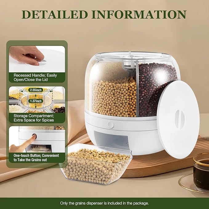 Rice Dispenser, 6 Grid 360° Rotating Rice Container Cereal Holder with Lid & Measuring Cup, Grain Storage Organizer for Kitchen Countertop Dry Food, White, 6kg/13lbs