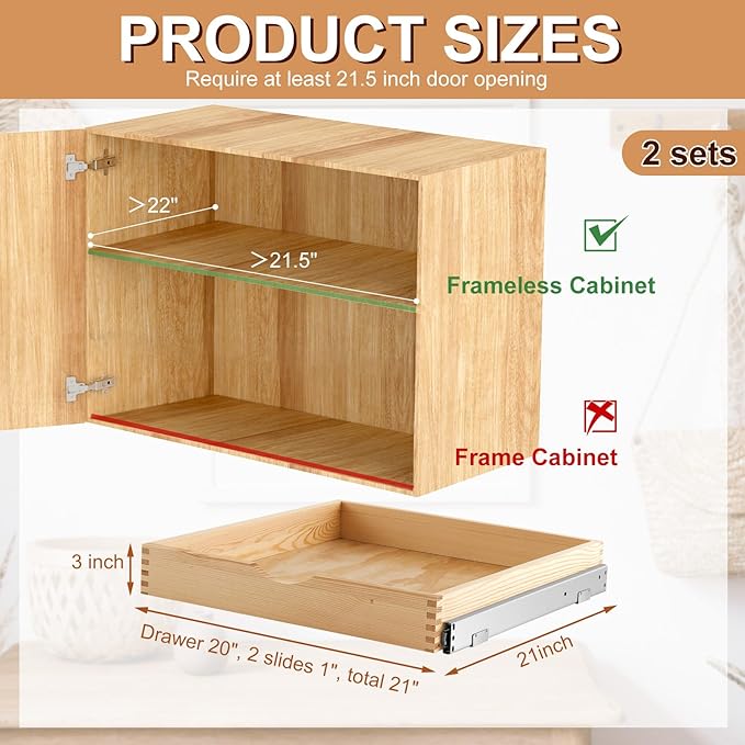 Menkxi 2 Set Wooden Pull out Cabinet Organizer Fully Assembled Slide out Pantry Drawer with Gentle Close Storage Shelf Tray for Base Kitchen Under Sink Bathroom Accessory(Wood Color,21'' X 21'' X 3'')