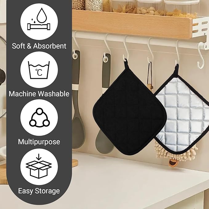 4 Pcs Quilted Pot Holder, Cotton Heat Resistant Hot Pads for Kitchen, Countertops, Oven Pot Holders (Black)