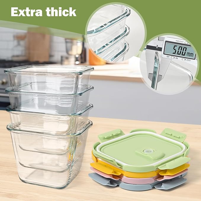 Glass Soup Containers with Lids 32oz - Borosilicate Glass Storage Containers 4 Cup, Freezer to Microwave Safe, Airtight Leak Proof, Square Meal Prep Containers for Lunch Travel- 4 Pack