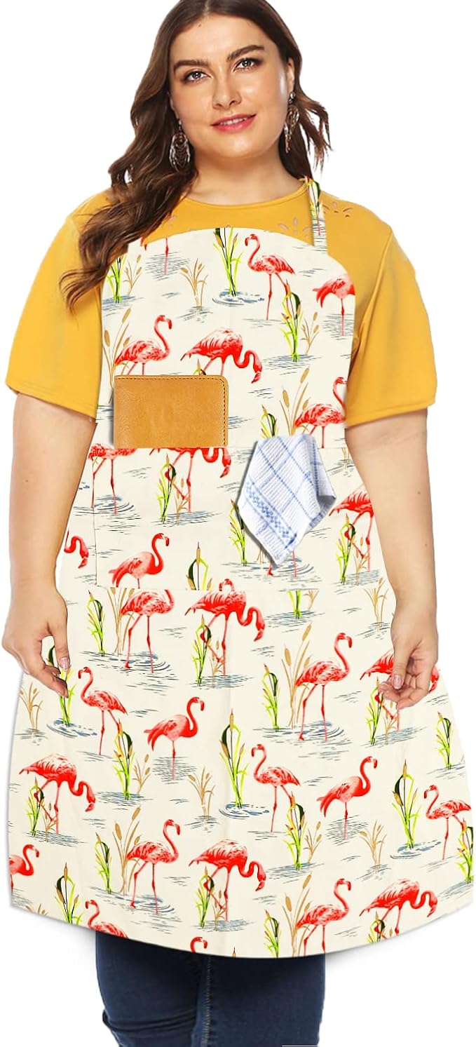 Sanlykate Extra Large Canvas Cotton Apron for Men & Women, Plus Size Durable Aprons with 2 Pockets, Adjustable Bib Machine Washable Oversized Aprons for Baking, Cooking, Painting - Flamingo