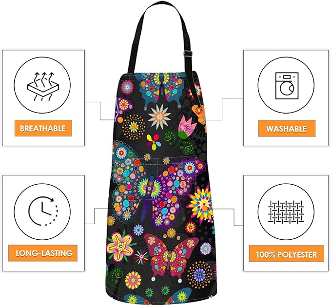 Britimes Butterfly Apron Floral Colorful Butterflies Flowers Aprons Kitchen Cooking Gardening for Women With Pockets