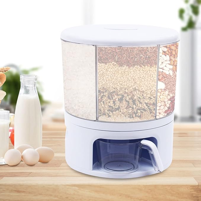 6 Grids Grain Dispenser Can, 360°Rotating Cereal Rice & Grain Storage Container Rotatable Sealed Grain Food Storage Bucket Dry Food Grain Dispenser for Grains Rice Dry Food Beans (24Lbs White)