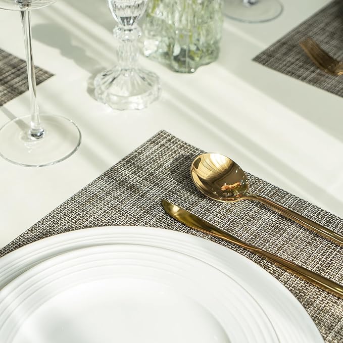 Placemats Set of 4 Vinyl/Plastic Woven Place Mats for Kitchen Table Indoor/Outdoor Washable Placemat Wipeable Dining Table Mats (Brown,4)