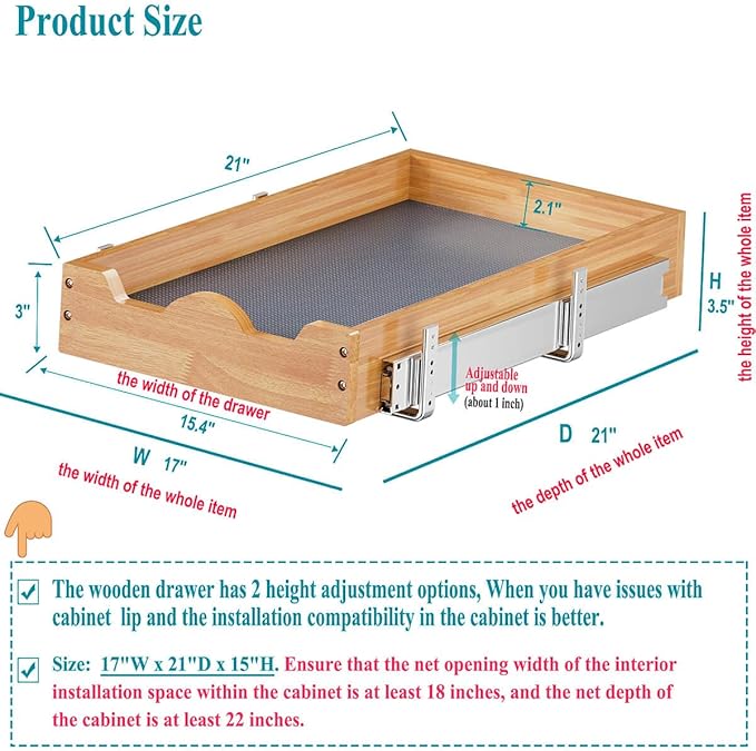 OCG 1 Tier Pull Out Cabinet Organizer (17" W x 21" D), Heavy-Duty Slide out Wood Drawer Shelf, Pull Out Drawer for Cabinets, Base Cabinet Organization for Kitchen, Pantry, Bathroom