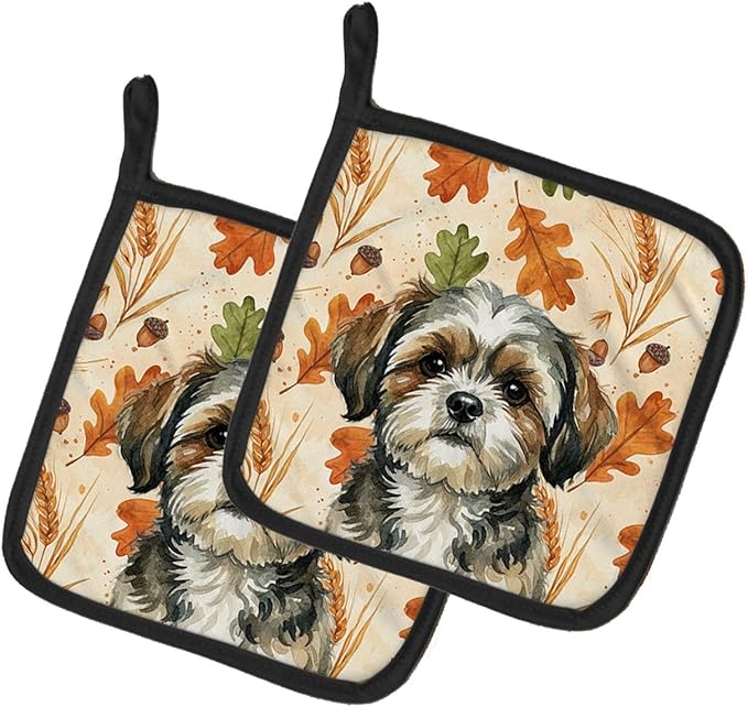 Caroline's Treasures Brindle Shih Tzu Heirloom Fall Pair of Pot Holders Pair 7.5x7.5 Quilted Insulated Hot Pads Decorative Kitchen Gift Made in USA