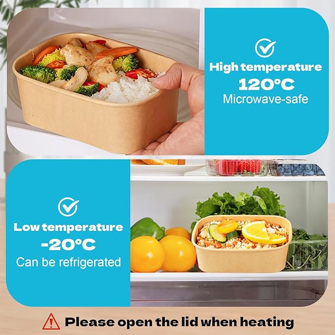 50 Pack 25oz Disposable Kraft Paper Bowls with Lids, Rectangle Meal Prep Containers Bulk, Large Paper Salad Bowl, Leakproof Food Containers Treat Soup Serving Bowls, Microwave Safe for Hot/Cold Food