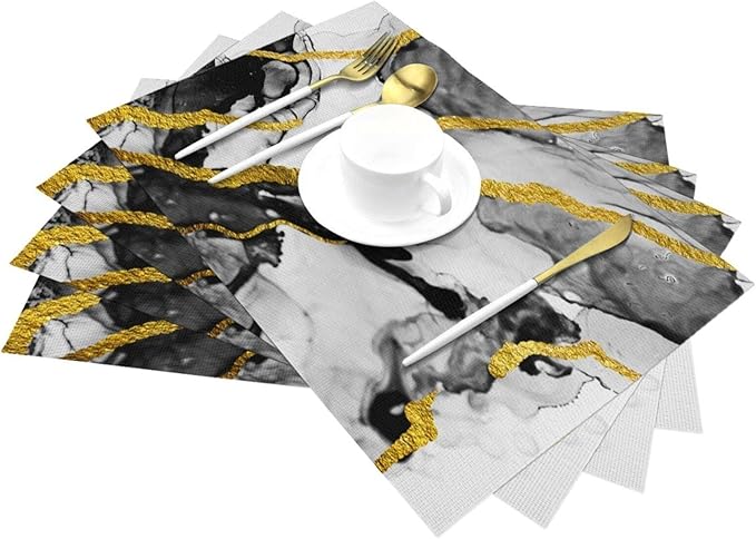 Black White and Gold Marble Linen Placemats Set of 4, Modern Luxury Washable Non-Slip Heat-Resistant Durable Kitchen Table Mats for Dining Table, Luxury Home Kitchen Decor Essential, Black Grey Gold