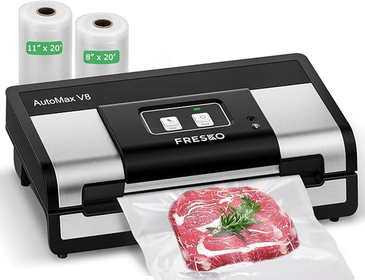 FRESKO Automatic Vacuum Sealer for Food, Hands-Free Operation, Seal 50 Bags in 20 min – Ideal for Meal Prep & Bulk Food Storage, Powerful Suction, Built-in Cutter & 2 Roll Bags