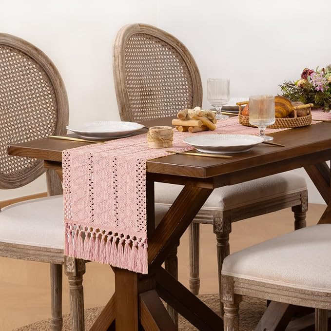 DeZerlor Boho Macrame Table Runner Spring Easter Farmhouse Woven Table Runner with Tassels 108 Inches Pink Cotton Linen Kitchen Table Decor for Dining Dresser Home Tea Table Decor