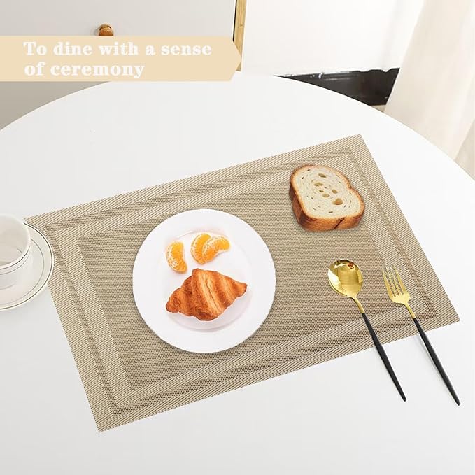 Khaki Placemats Set of 2 - Heat Resistant Non-Slip Place mats for Dining Table, Washable Durable PVC Vinyl Woven Table Mats (Khaki, 2)