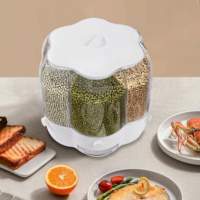 6 Grids Grain Dispenser Can, 360°Rotating Cereal Rice & Grain Storage Container Large Rotating Food Dispenser Sealed Grain Food Storage Bucket with Lid for Kitchen Grains Rice Beans (27.56Lbs White)