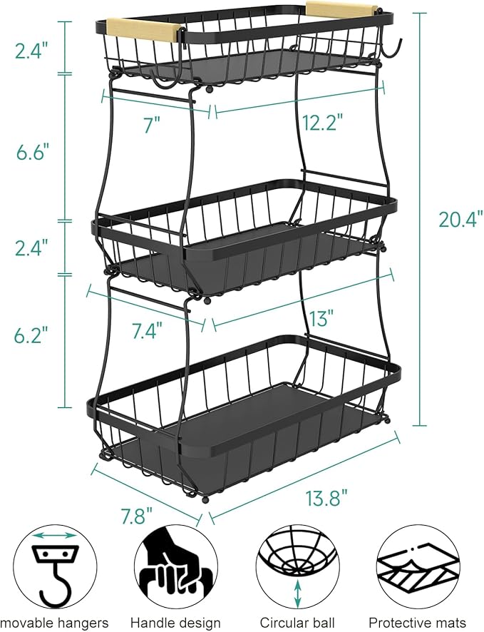 Sevenblue 3 Tier Fruit Basket for Kitchen Counter with 2 Mobile Banana Hangers, 2026 Pro Detachable Metal Fruit Bowl with Wooden Handle, Fruit Holder for Bread Snack Veggies with Protective Mats