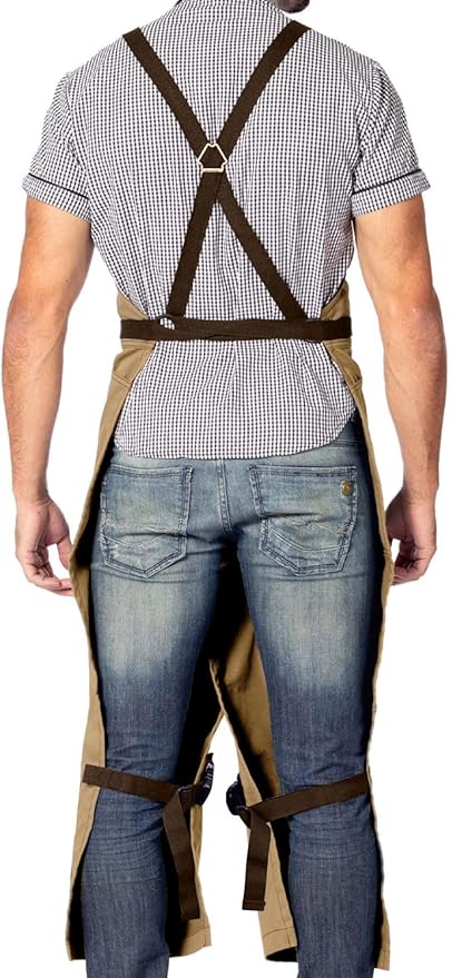 Under NY Sky Pottery Beige Apron - Full Cover Cross-Back, Professional Twill, Leather Reinforcement, Overlapping Split-Leg - Adjustable for Men, Women - Pottery Artist, Ceramics