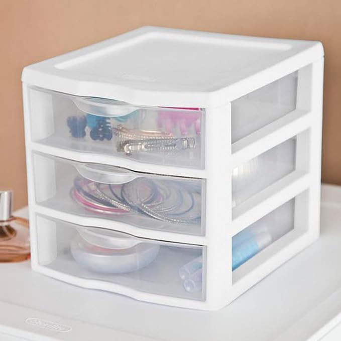 Sterilite 18-Pack ClearView 3-Drawer Cart, Small Plastic Storage Organizer Drawers, White - Organizing Drawer Containers for Bathroom, Closet, Kitchen, and Bedroom