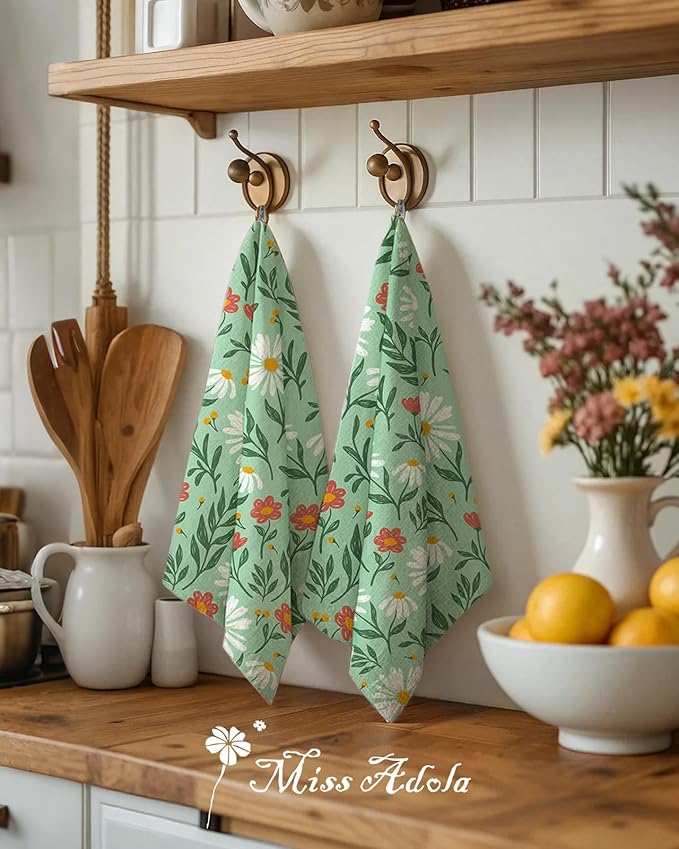 Miss Adola Flour Sack Kitchen Towels - Set of 2 Cotton Dish Towels with Hanging Loop Decorative 18x26 Inch Absorbent Cute Design for Housewarming Gifts, Green Daisy
