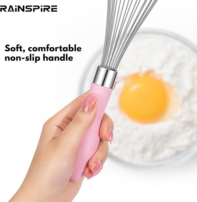 Rainspire 12-Inch Wire Whisk Stainless Steel, Balloon Whisks for Cooking, Wisk Wisking Tool With Soft Silicone Handle, Thick Durable Whisker for Blending, Beating, Whisking, Stirring, Pink