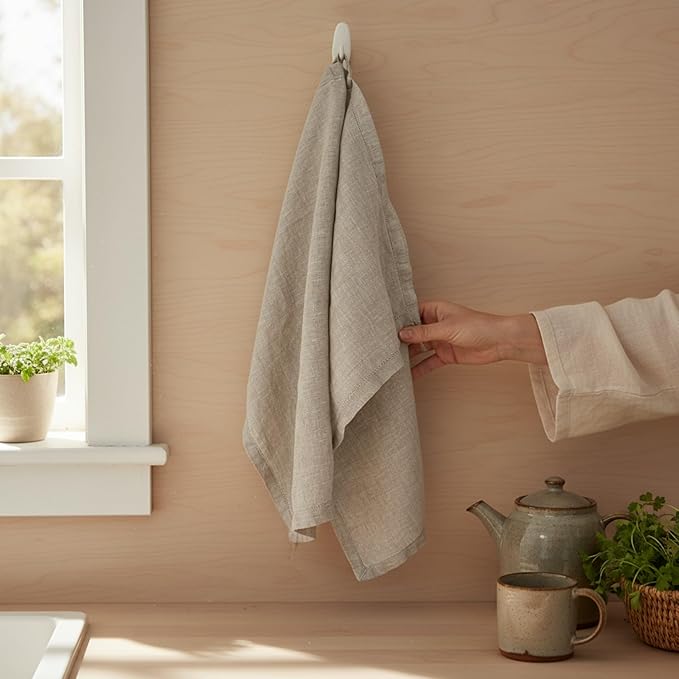 Linen Kitchen Dish Towels – 20” x 27” – 100% Pure Stonewashed Linen Hemstitch Hand Towel/Tea Towel - Set of 2 (Natural)