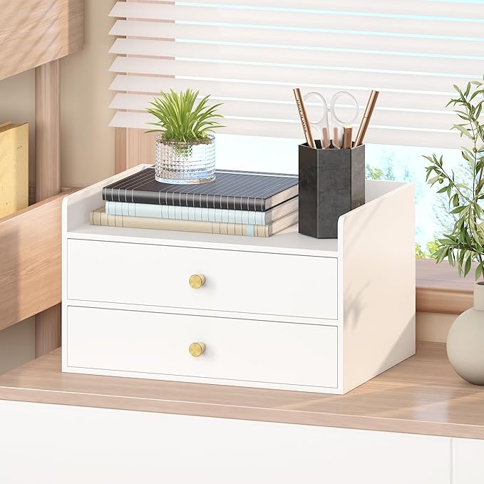 Bamboo Desk Organizer with Drawers Wooden Desktop Storage Drawers for Bills Office Supplies Kitchen Utensils Organizing Tool for Home Classroom Organization No Assembly (White, 2 Drawers)